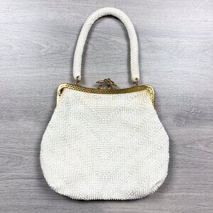 Goldco Vintage White Beaded Purse Gold Frame Clasp 60s 70s